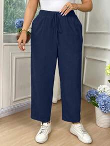 Breezaya Quần ống rộng nữ cỡ lớn màu trơn, cạp chun có dây rút, túi, chất liệu cotton. - Xanh đậm - Xem 6