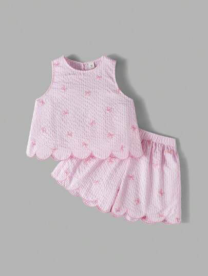 Maija Kids Maija Kids 2 piezas Conjunto de top sin mangas y shorts con patrón de rayas y lazo rosa para niñas preadolescentes, versátil para uso casual, viajes, reuniones, festivales, verano, primavera