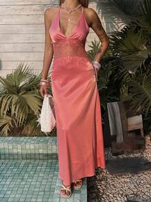 Livesso Women's Casual Contrast Lace Halter Backless Dress, Summer Wedding Guest Dress - Pink - View 5