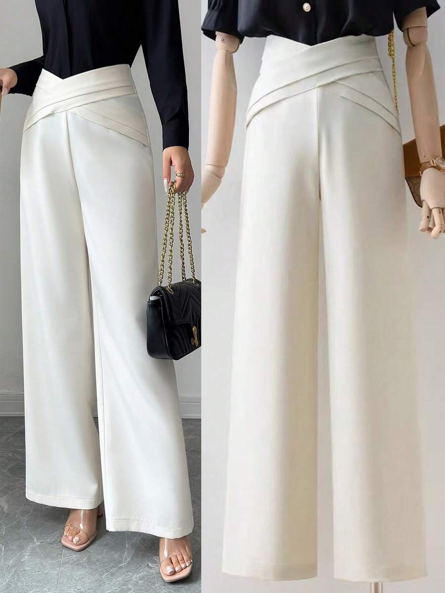 Elenzga 新款优雅休闲直筒高腰重叠腰带女士西装裤，春夏款 - 杏色 - 查看 1