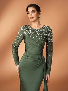 Serin Elegant Luxurious Diamond Rhinestone Elastic Knit Ruched Mermaid Skirt With Side Slit, Suitable For Weddings, Parties, Vacations, Galas, Holidays, Mother Of The Bride Evening Gowns - Army Green - View 6