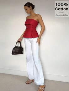 Siren Gaze 亚麻棉抹胸：凸显腰线的波西米亚风职场装 | Old Money Elegance 2025 夏季新品发布 | 日夜过渡 & 职场风格 红色露肩上衣 露肩荷叶边上衣 女士荷叶边上衣 女士红色上衣 女士露肩上衣，优雅女士衬衫 - 玫瑰紅 - 查看 6