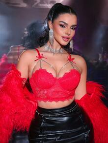 MidnightGlam Valentine's Day Metal Decor Chain Romantic Lace Underwire Bra, Lingerie For Women,Sexy,Valentine's Day,Wedding - Red - View 5