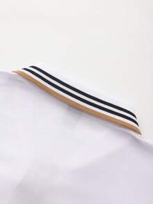 Manfinity Mode Men's Casual Business Daily Commute Letter Pattern Contrast Striped Trim Short Sleeve Polo Shirt, Summer - White - View 7