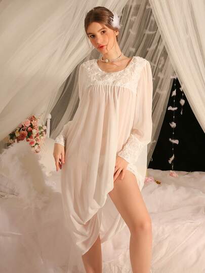DelicateAllure Women's Sexy Elegant 3D Rose Floral Mesh Sheer Nightgown
