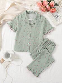 2件套少女碎花印花Polo领短袖上衣和休闲裤家居服套装 - 綠色 - 查看 5