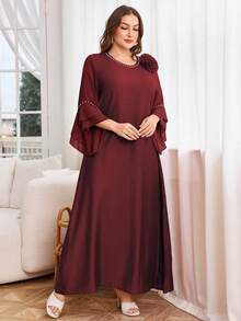Lacomfia Plus Size Women Solid Color Chiffon Patchwork Modest Casual Dress - Burgundy - View 3