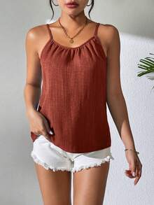 Balvessa Camiseta de tirantes plisada de unicolor casual para mujer, verano - Naranja Quemada - Ver 5
