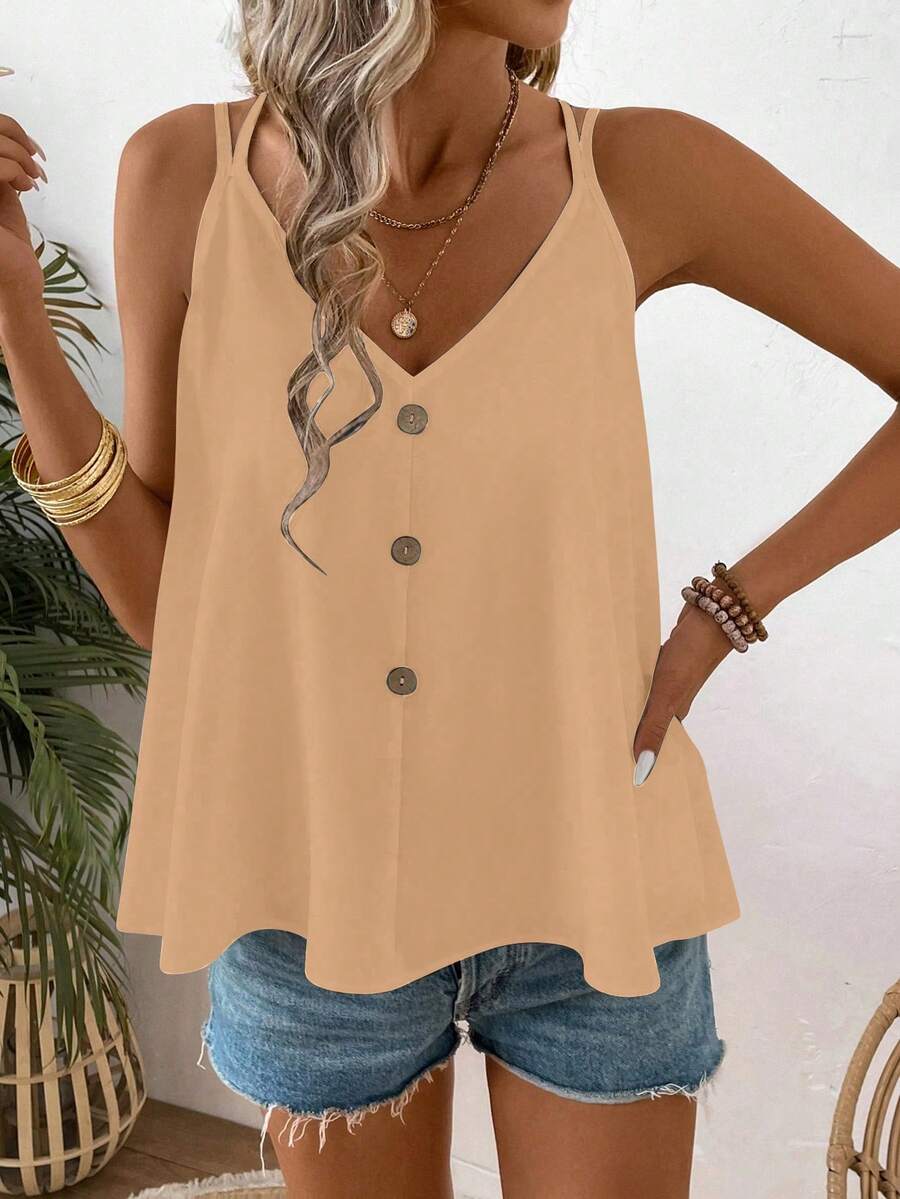 SHEIN LUNE Women's Solid Color Button Design Casual Loose Camisole - Khaki - View 1