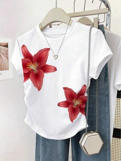 Resyla Women's Floral Print Crew Neck Short Sleeve Casual Pleated T-Shirt