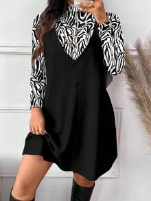 SHEIN Frenchy 大码女式斑马纹长袖立领T恤和围兜连衣裙休闲两件套 - 黑色 - 查看 3