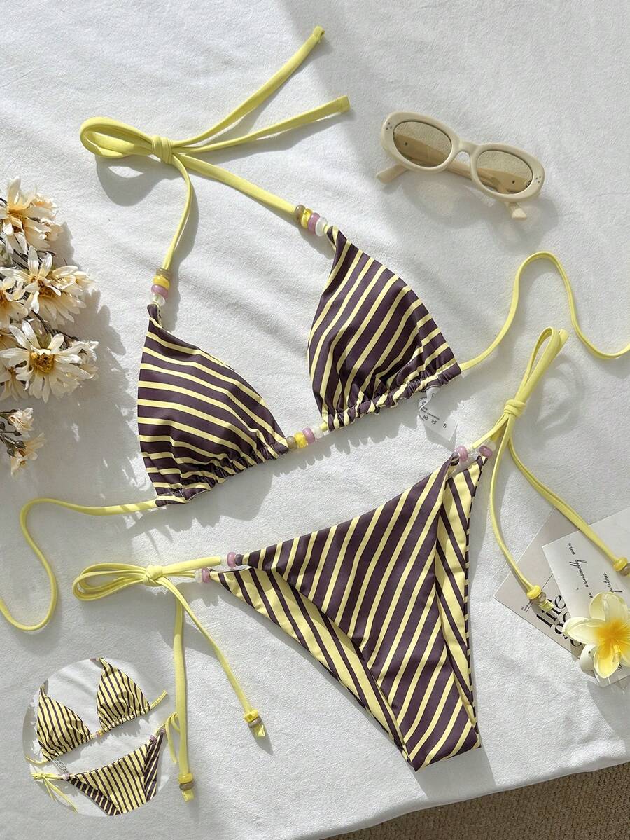 Swim Vcay 2026 New Spring/Summer Women Vacation Beach Striped Halter Bikini 2 Pieces Set - Multicolor - View 1