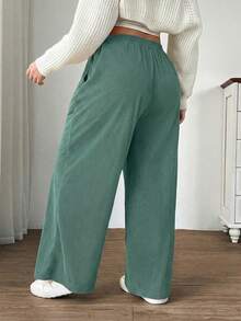 SHEIN EZwear 橄榄绿加大码女式高腰宽松阔腿裤，灯芯绒面料，带口袋和贴布设计，适合校园、日常穿着、室内工作、秋冬季穿着。 - 橄欖綠 - 查看 2