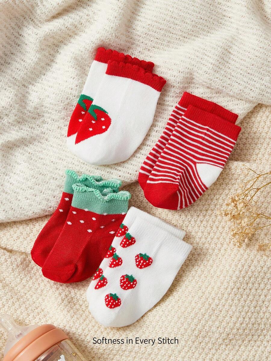 Cozy Pixies 4双春秋季中筒袜，草莓图案，透气吸汗，甜美学院风袜子 - 彩色 - 查看 1