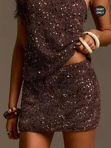 Athîral Women's Casual Vacation Sequin Embellished Straight Mini Skirt, Spring/Summer - Coffee Brown - View 1