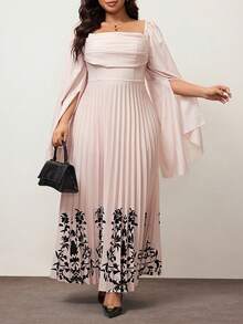 Hourglow Große Größen Elegantes Kleid für Damen mit Blume Muster, quadratischem Ausschnitt, Rüschensaum und Schlitzärmeln - Aprikosenfarben - Übersicht 7