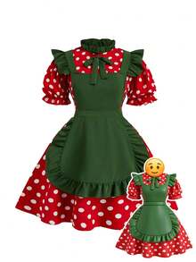 Sweetra Plus Size Cute Polka Dot Print Contrast Color Apron Dress - Red - View 1