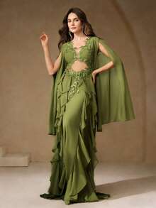 Anewsta 女士春夏新款绿色森林风法式刺绣贴花喇叭袖层叠荷叶边下摆优雅长裙 - 綠色 - 查看 5