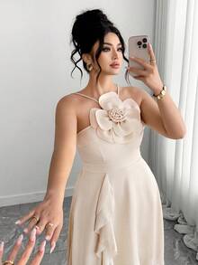 Vestido midi elegante de verano beige para mujer talla, con decoración floral 3D, sin mangas, bajo asimétrico con volantes, corte A y cintura, para boda, y banquete - Albaricoque - Ver 8