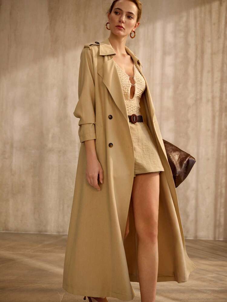 SPRING FASHIONABLE LIGHT WEIGHT SOFT TEXTURE FABRIC BELTED TRENCH COAT, OLD MONEY VINTAGE STYLE