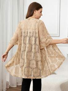 Reflora Plus Size Women Black Lace 3/4 Sleeve Loose Front Coat, Elegant Concert, Spring/Summer In Fall/Winter - Apricot - View 2