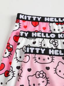 HELLO KITTY AND FRIENDS | SHEIN 3条装女士可爱卡通爱心字母全印花松紧腰平角短裤 - 粉色 - 查看 6