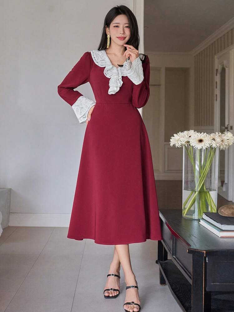 Women's Elegant Contrast Color Lace Patchwork Ruffle Flare Sleeve Mini Dress, Spring/Summer Wedding Guest Dress Sundress