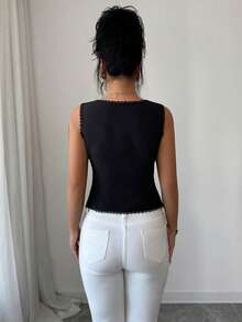 SHEIN Elenzya Áo ba lỗ nữ thanh lịch thiết kế chắp vá ren - màu đen - Xem 2