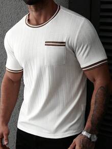 Manfinity CasualCool Kaos Pria Lengan Pendek Kerah Bulat, Rajutan Bergaris Warna Polos dengan Saku, Atasan Kasual, Putih dan Cokelat, Musim Panas, Kasual, Kaos Bisnis untuk Liburan Kota untuk Berkomuter - Aprikot - View 4