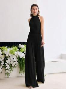 MOTF PREMIUM Bộ jumpsuit ống rộng, màu trơn, xếp ly, có túi bên hông, kiểu cổ yếm, màu trơn. - màu đen - Xem 3