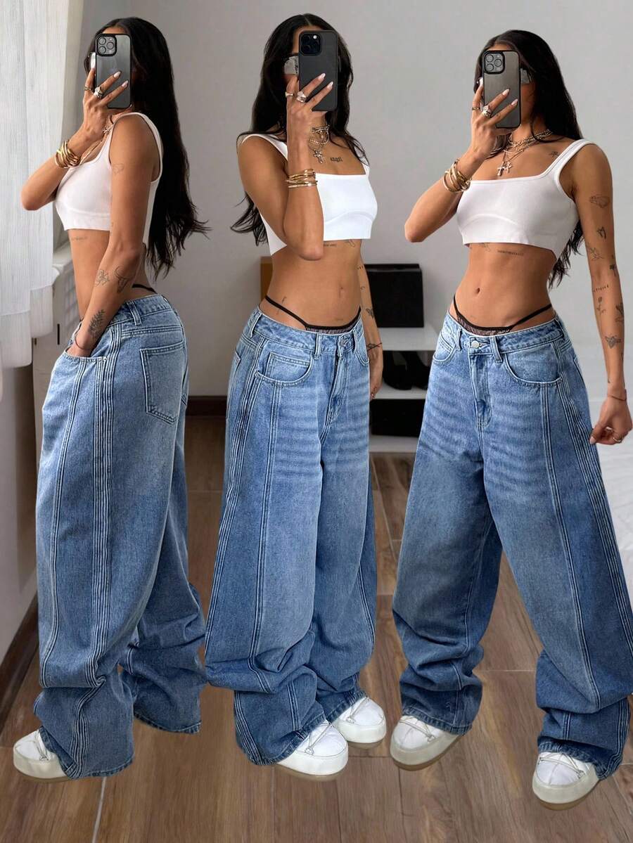 StreetHx 时尚休闲街头风织带低腰破洞牛仔裤 - 中等水洗藍 - 查看 1