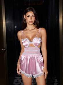 SilkySpell Bộ áo liền quần gợi cảm và quyến rũ dành cho nữ nhân dịp Lễ Tình nhân, họa tiết trái tim ren khoét rỗng, dây đeo mảnh, chất liệu satin thoải mái, màu hồng. - Hồng - Xem 5