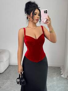 SHEIN Elenzya 女士秋冬都市时尚奢华宴会复古优雅酒红色天鹅绒吊带深V领高腰修身短款吊带背心，适合日常穿着、婚礼、正式晚宴、通勤、毕业派对、节日、度假、约会、派对、万圣节、圣诞节、新年、感恩节等场合。 - 紅色 - 查看 4