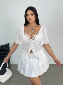 Vibekara Plus Size Women Summer Casual Bohemian Vacation Style Sweetheart Neck Patchwork Shell Tape Flutter Sleeve Knot Front Fitted Blouse - White - View 4