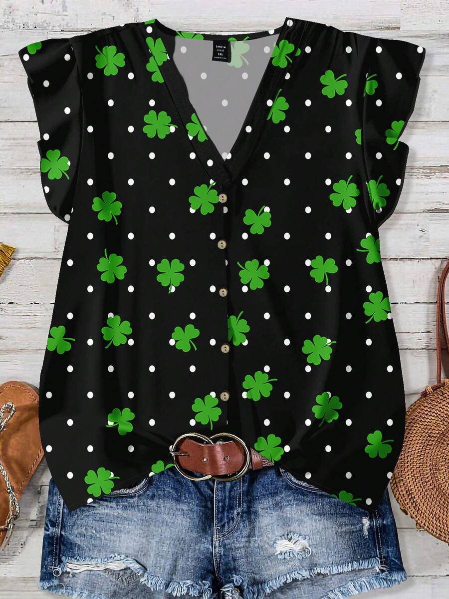 EMERY ROSE Áo kiểu nữ cỡ lớn cổ chữ V tay ngắn xếp ly, họa tiết cỏ ba lá và chấm bi trắng, phong cách tối giản thường ngày, thích hợp cho mùa thu, mùa hè và kỳ nghỉ. - Nhiều màu - Xem 1