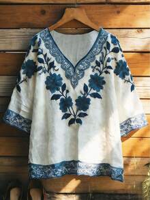 EMERY ROSE Women's Elegant Casual/Commute/Vacation Short Sleeve V-Neck Printed Loose Blouse - Multicolor - View 3