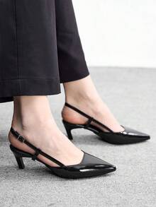 CUCCOO BIZCHIC Women Shoes Spring And Autumn New Pointed Middle Heel Black Back Strap Empty Women's High Heel Single Shoes Empty Single Shoes Simple Commuter Daily Versatile Work Women's Shoes - Black - View 4