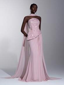 Elitara Sang trọng, đơn giản, duyên dáng và thời trang, chiếc đầm chiffon màu hồng đính sequin và thêu này được trang trí bằng ngọc trai thủ công, phần thân áo cúp ngực hình bán nguyệt, thiết kế 2 trong 1, sequin lấp lánh và đuôi váy kiểu nàng tiên cá. Phù hợp cho mọi dịp trang trọng, dự tiệc cưới, lễ hội cưới, tiệc cưới, chụp ảnh và dạ hội. - Hồng - Xem 6