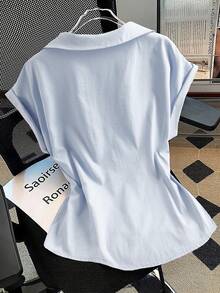 Lyxana Women's Casual Blue Fabric Batwing Short Sleeve Collared Shirt With Flared Hem - Blue - View 2