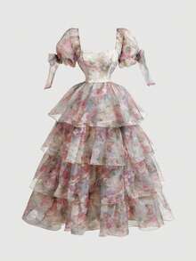 SHEIN MOD 女士印花方领层叠荷叶边长裙 - 彩色 - 查看 8