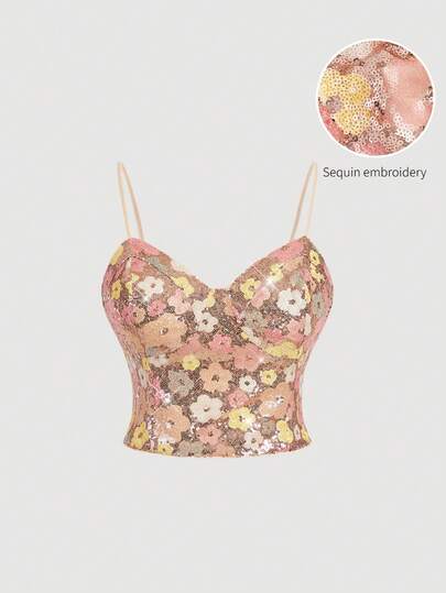 SHEIN MOD Plus Size Glamorous Court Style Sequin Embroidered Plum Blossom Cami Top – Perfect For Date, Party, Prom, Festival & Birthday Celebrations.Plus Size Floral Sequin Crop Top Pink And Yellow Hues Spaghetti Straps Sweetheart Neckline Fitted Silhouette Sparkly Embroidery Pastel Shades Summer Style Lightweight Feel Soft Lining Shimmer Finish Delicate Flowers Dazzling Detail Feminine Design Sleeveless Cut Elegant Sparkle Retro-Inspired Look Textured Surface, Summer Tops