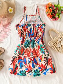 Tween Girl Tropical Plant Print Casual Jumpsuit - Multicolor - View 2
