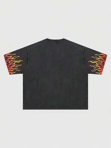 ROMWE MEN Street Life 男士火焰印花水洗宽松圆领短袖休闲T恤 - 黑色 - 查看 3