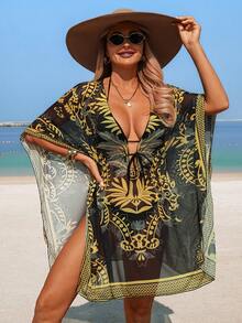 Swim Lushoire 1件装女士中东宫廷风格金色图案印花连体抽绳长袍 - 黑色 - 查看 4