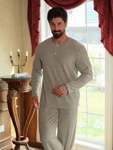 DAZY Men's Ribbed Texture Fabric Grey Casual Loungewear Set, Spring/Summer - Grey - View 6