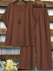 EMERY ROSE Bộ đồ nữ cỡ lớn, kiểu dáng thường ngày, màu trơn, tay cánh dơi và quần ống rộng, thích hợp cho kỳ nghỉ và đi làm, mùa xuân/hè/thu. - màu nâu - Xem 1