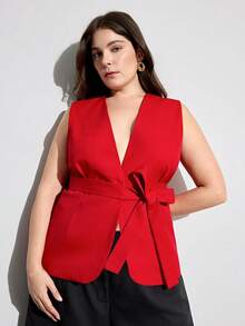 Aveloria Modichic 时尚腰带设计背心，V领款式，配有可调节腰带，适合多种场合。 - 紅色 - 查看 4