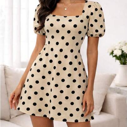 Vestido Corto Mujer Lunares Escote Cuadrado