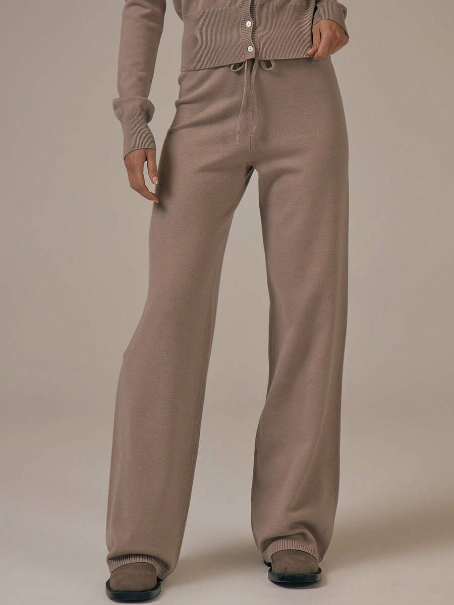 MUSERA Slim Fit Wide Leg Knitted Tie Waist Trousers Spring Summer Cute Cosy Cottage Core Spring Dew - Khaki - View 1