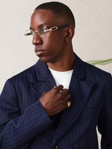 SUMWON 海军蓝细条纹双排扣西装外套和西裤两件套商务正装套装，经典专业男装，适合办公室、婚礼等场合。 - 藏蓝色 - 查看 5